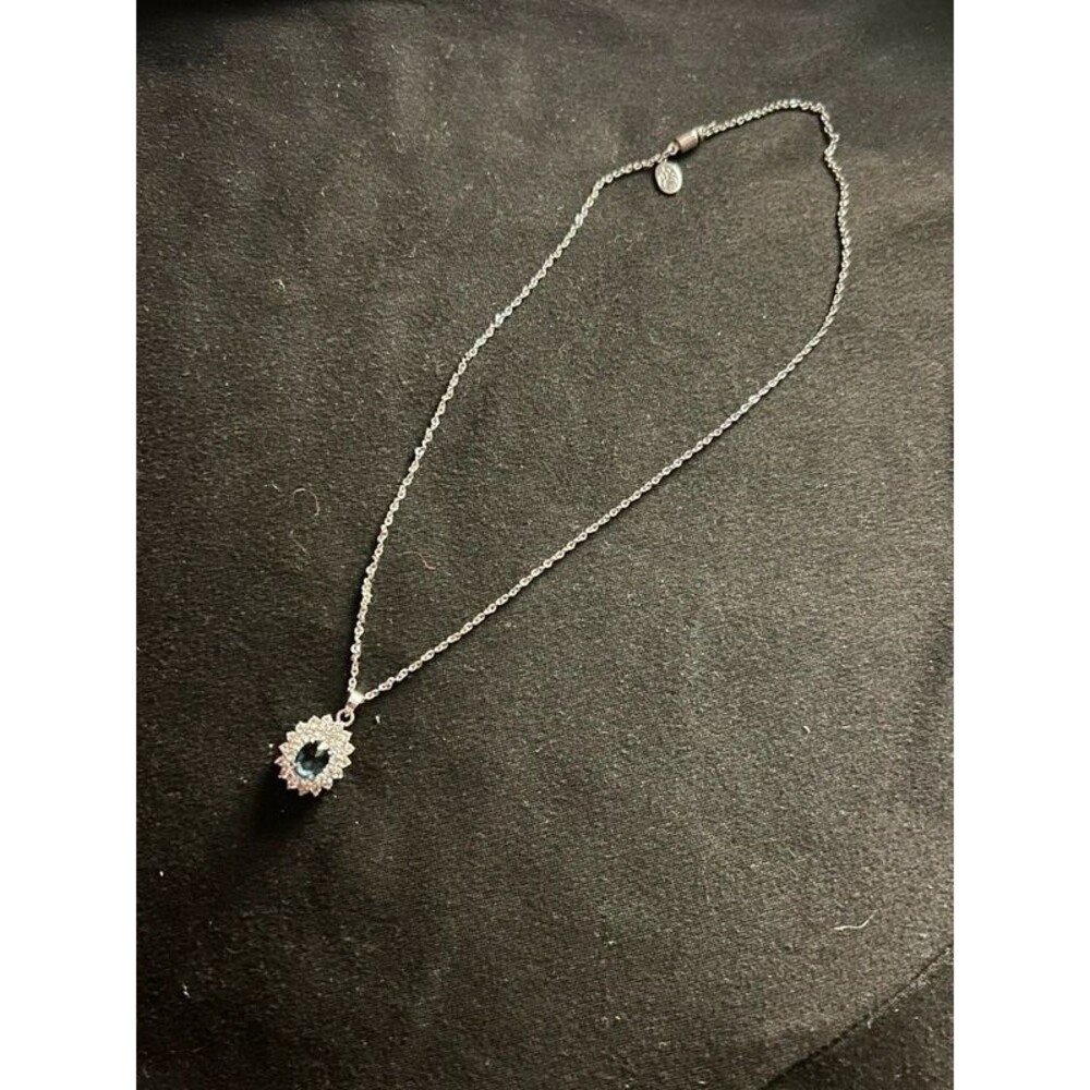 Blue Oval Crystal Halo Pendant Necklace